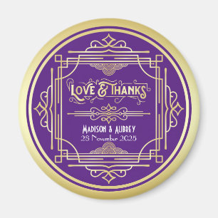 Íman Art Deco Casamento Amor e Obrigados Dourado Púrpu