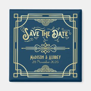 Íman Art Deco Casamento Elegante Azul Dourado Salve a D
