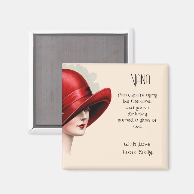 Íman Art Deco Lady com o chapéu vermelho (Front/Back)