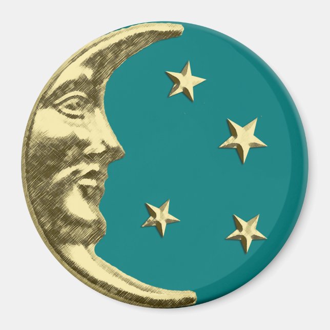 Íman Art Deco Moon e Estrelas - Teal e Dourado (Frente)