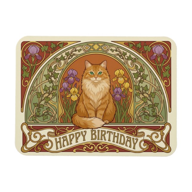 Íman Art Nouveau Ginger Cat Birthday Card (Horizontal)