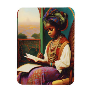 Íman Art Nouveau Livro de leitura de menina afro-americ
