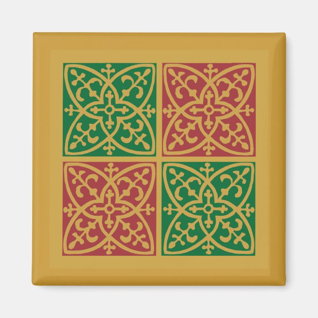 Íman Arte Azulejo Vermelha e Verde sobre Padrão Dourado (Frente)