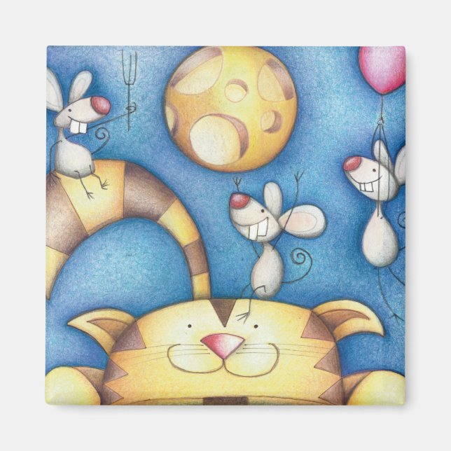 Íman Arte Caprichosa de Gato e Rato na Lua Fofa (Frente)