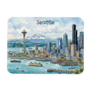 Íman Arte de aquarela da silhueta de Seattle Washington