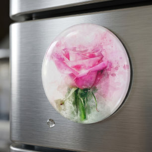 Íman Arte de Aquarela de Rosa Rosa em Fundo Branco