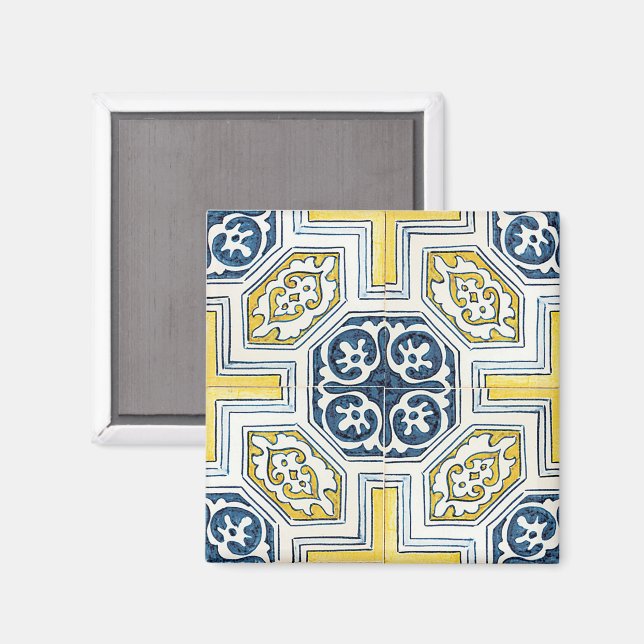 Íman Arte de Azulejo Geométrico Falso Amarelo Azul (Front/Back)