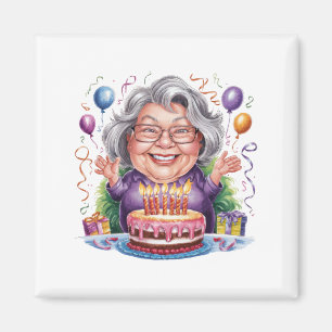 Íman Arte de Bolo de Aniversário de Senhora Idosa Anima