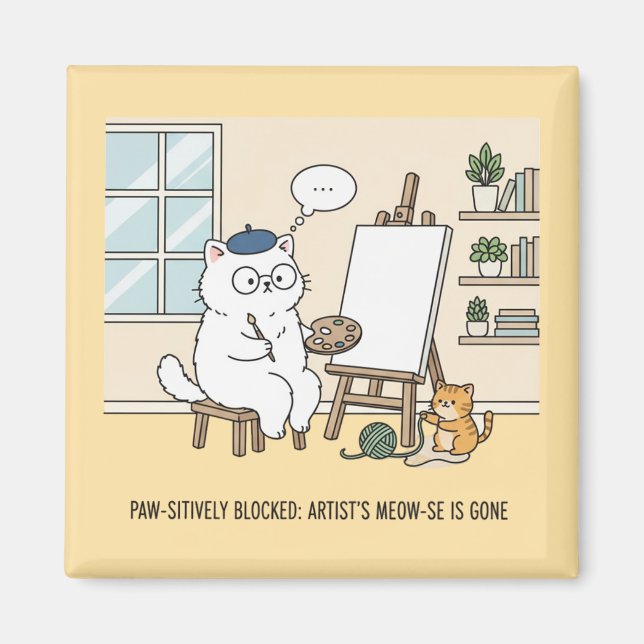 Íman Arte de Gato Branco Divertido Bloco de Estúdio Kit (Frente)