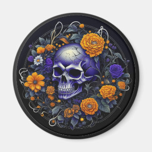 Íman Arte de IA de crânio personalizado e flores laranj