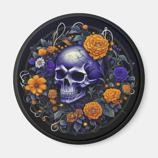 Íman Arte de IA de crânio personalizado e flores laranj (Frente)