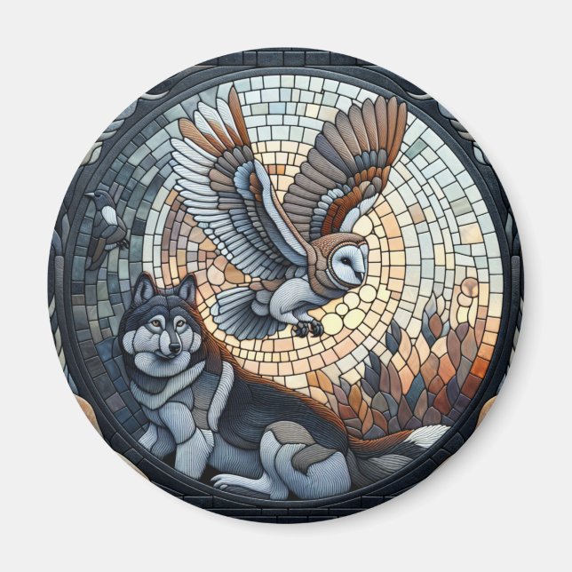 Íman Arte de IA de Mosaico de Coruja e Lobo  (Frente)