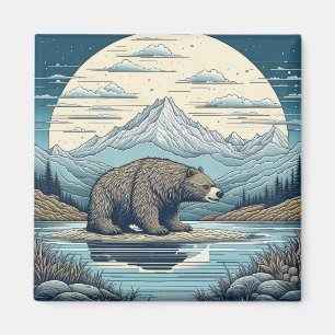 Íman Arte de IA de Urso, Montanhas, Lago, Lua Cheia
