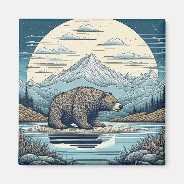 Íman Arte de IA de Urso, Montanhas, Lago, Lua Cheia (Frente)