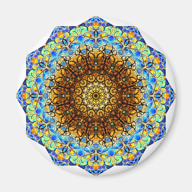 Íman Arte de Mandala Azul e Amarelo (Frente)