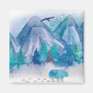 Íman Arte de paisagem montanhosa de inverno em aquarela