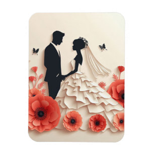 Íman Arte de papel de noiva e noivo com flores