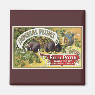 Íman Arte de rótulo de caixa de frutas vintage, ameixas