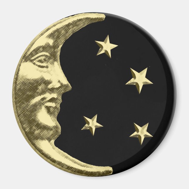 Íman Arte Deco Moon e Estrelas - Preto e Dourado (Frente)