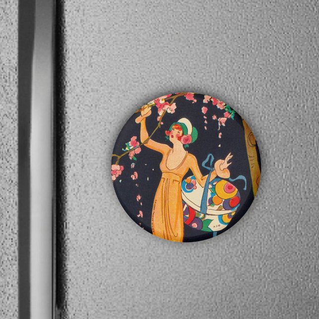 Íman Arte Deco Picando Flores (Lady picking pretty pink cherry blossoms from tree on black frig magnet.)