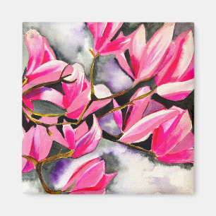 Íman Arte em aquarela de magnólia rosa