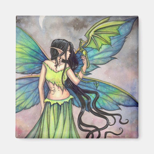 Íman Arte Fantástica de Dragão Verde e Fada (Frente)
