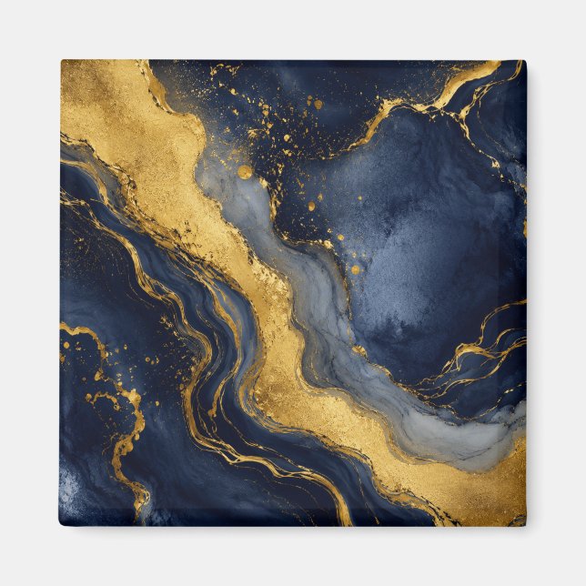 Íman Arte Fluida Abstrata de Mármore de Luxo Azul Naval (Frente)