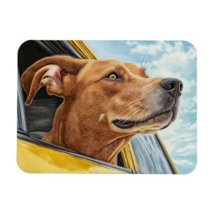 Íman Arte Impressa de Cachorro Feliz em Carro Amarelo
