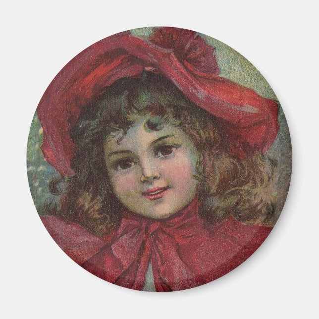 Íman Arte infantil vintage de Natal vestido vermelho vi (Frente)