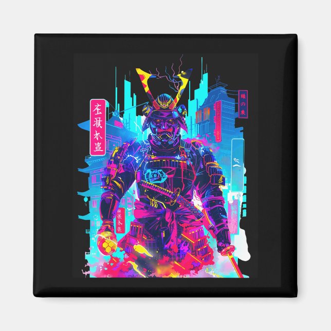 Íman Arte japonesa de samurai neon cyberpunk (Frente)