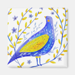 Íman Arte Moderna de Pássaro Azul e Amarelo em Aquarela