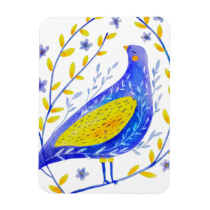 Íman Arte Moderna de Pássaro Azul e Amarelo em Aquarela