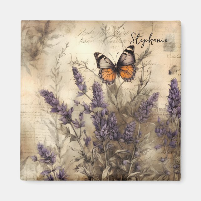 Íman Arte Personalizada de Borboleta Lavanda Vintage (Frente)