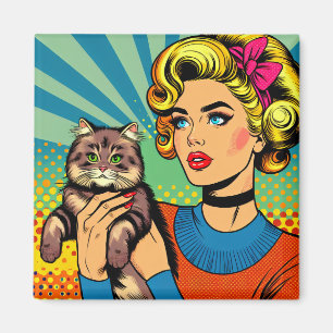 Íman Arte Pop Comic Cartoon Mulheres Segurando Gato