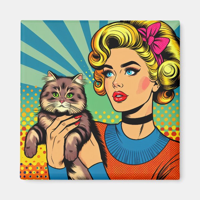 Íman Arte Pop Comic Cartoon Mulheres Segurando Gato (Frente)