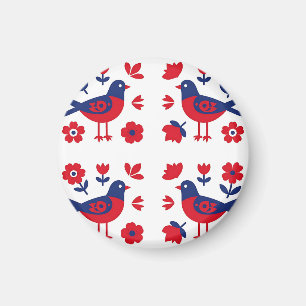 Íman Arte Popular Padrão Floral Pássaro Azul Vermelho
