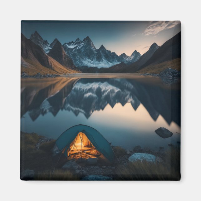 Íman Arte Temática de Acampamento com Tenda, Montanhas  (Frente)