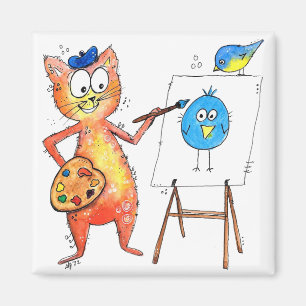 Íman Artista Whimsic Cat pintando um pássaro