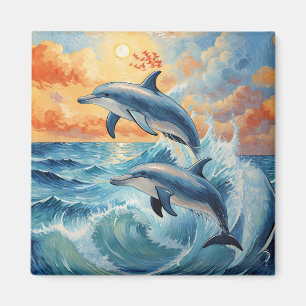 Íman Artístico Dois Golfinhos Saltantes Oceano Sunset