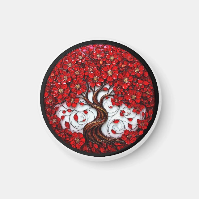 Íman Árvore de Flores Vermelhas Vibrantes com Detalhes  (Frente)