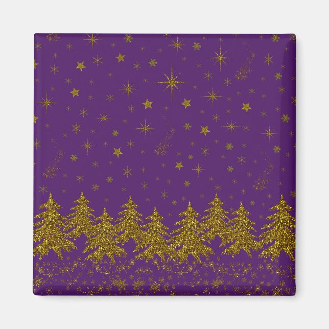 Íman Árvore de Natal pouco Dourada, estrelas, neve em r (Frente)