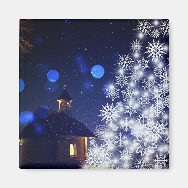 Íman Árvore de Natal reluzente com fundo azul (Frente)