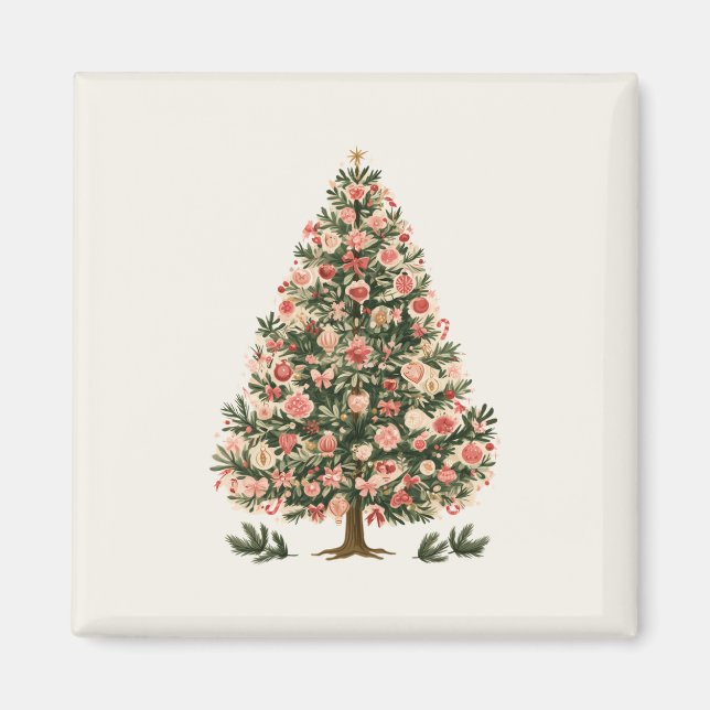 Íman Árvore de Natal retrô com enfeites rosa (Frente)