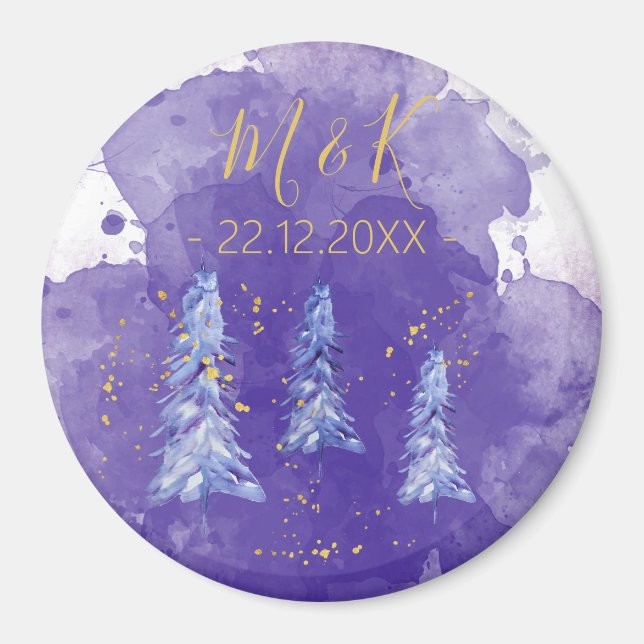 Íman Árvore de Natal Roxa Flocos de Neve Dourados (Frente)