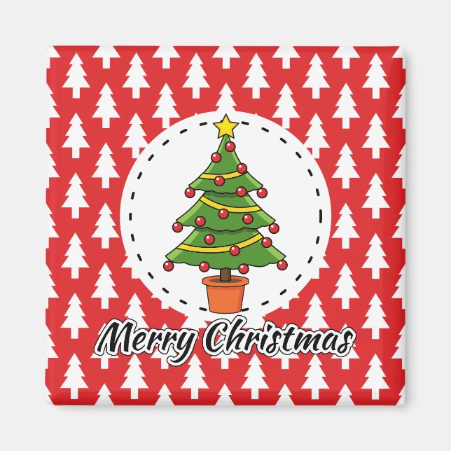 Íman Árvore de Natal sobre Pinheiros Vermelhos - Feliz  (Frente)