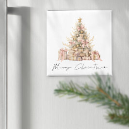 Íman Árvore de Script Dourada Mínima Rosa - Feliz Natal