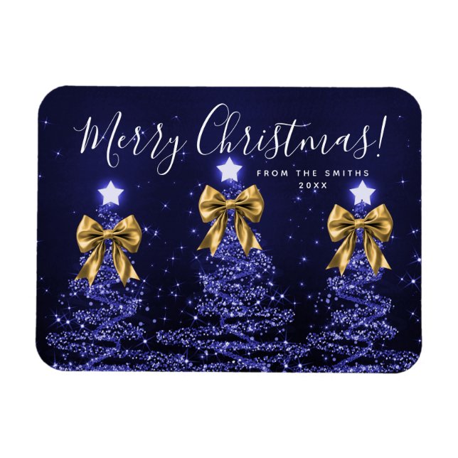 Íman Árvores de Natal azuis elegantes de Natal dourado  (Horizontal)