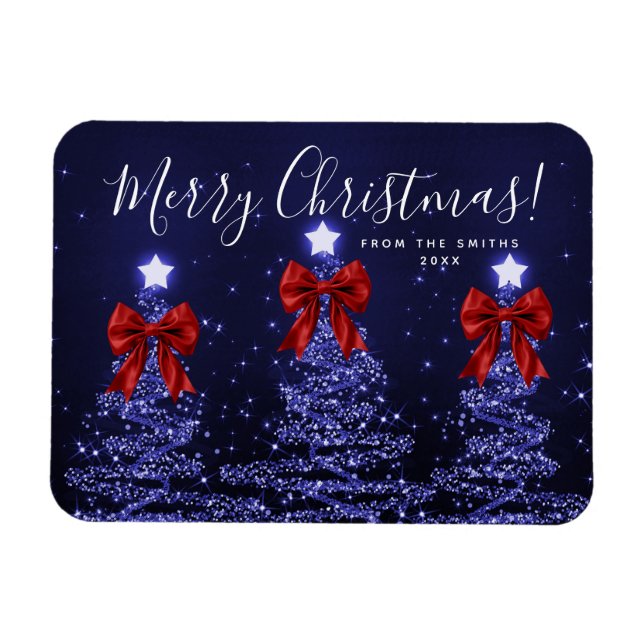 Íman Árvores de Natal azuis elegantes de Natal Vermelho (Horizontal)