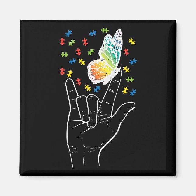 Íman Asl Love Sinal Butterfly Quebra-cabeça Autism Awar (Frente)