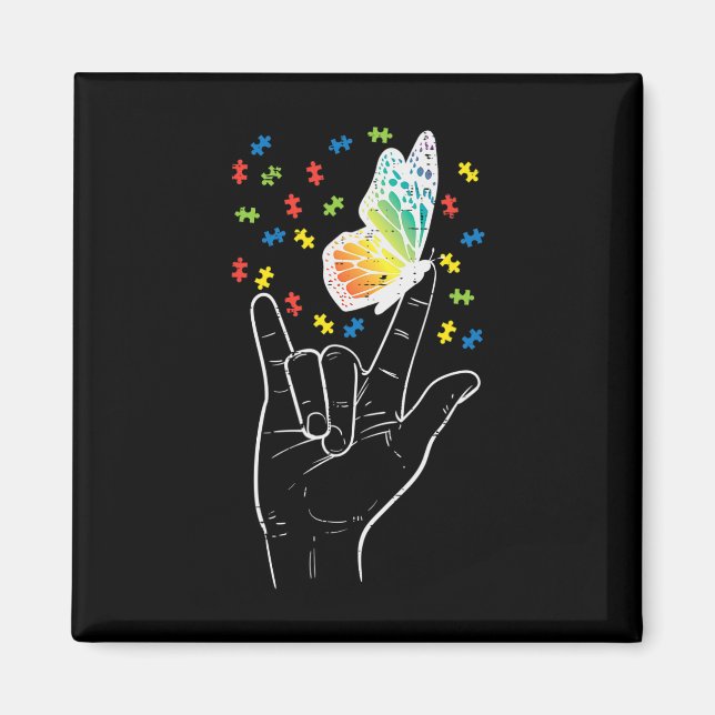 Íman Asl Love Sinal Butterfly Quebra-cabeça Autism Awar (Frente)